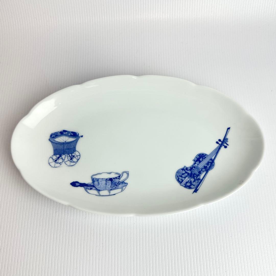 K10 希少ギター柄 有田焼 深川磁器 ブルーチャイナ 楕円平皿オーバル和食器