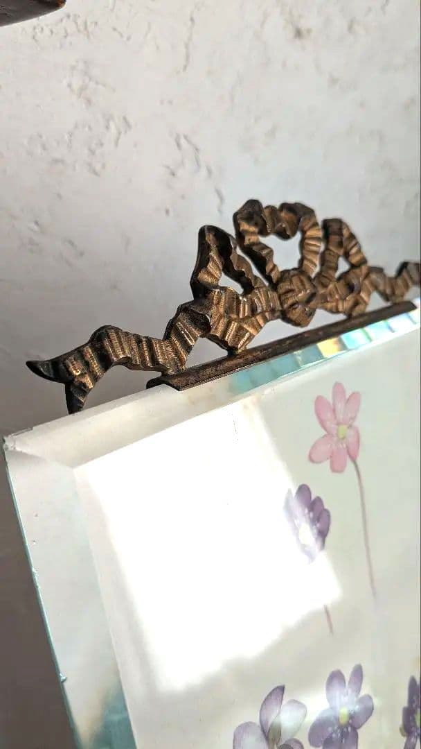 フランス 大きなガラス フォトフレーム ベベルガラス リボン装飾