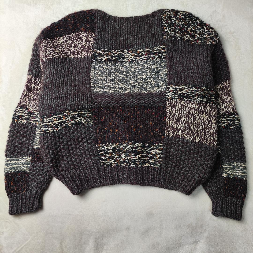 フィッチェ　カーディガン　肉厚　ハンドメイド　ローゲージ　パッチワーク　茶系　F