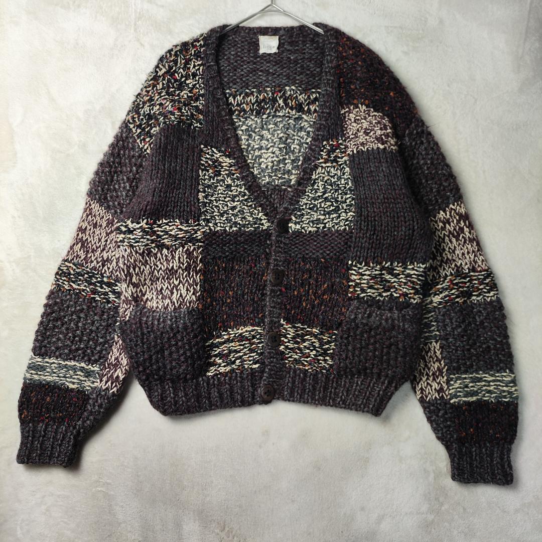 フィッチェ　カーディガン　肉厚　ハンドメイド　ローゲージ　パッチワーク　茶系　F