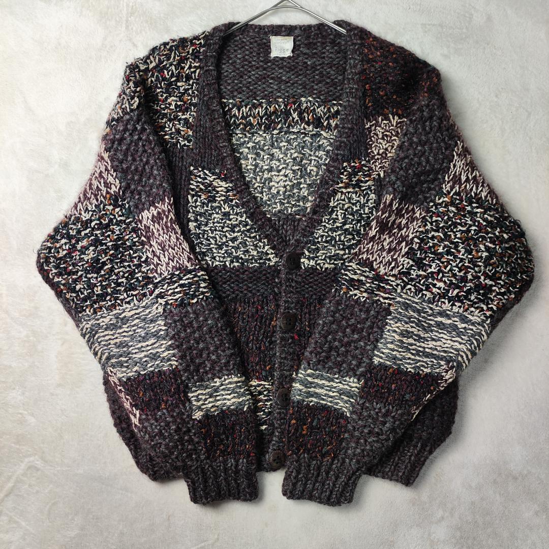 フィッチェ　カーディガン　肉厚　ハンドメイド　ローゲージ　パッチワーク　茶系　F