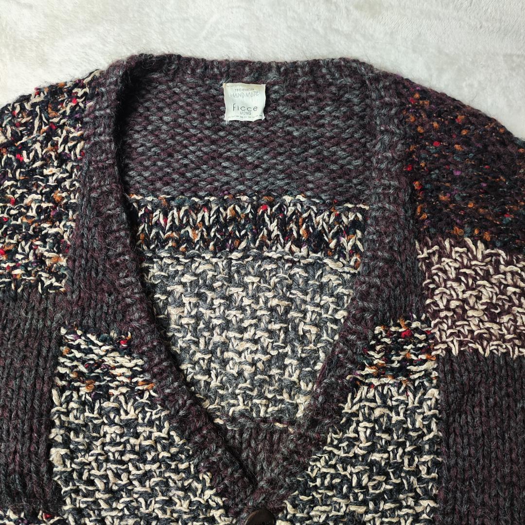 フィッチェ　カーディガン　肉厚　ハンドメイド　ローゲージ　パッチワーク　茶系　F