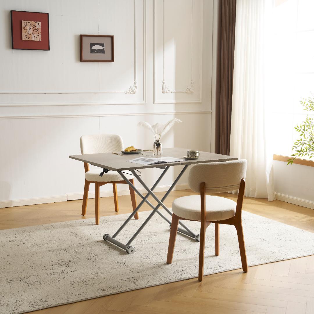 超人気！テーブル 天板が2倍に広がるガス圧昇降テーブル　GRAY