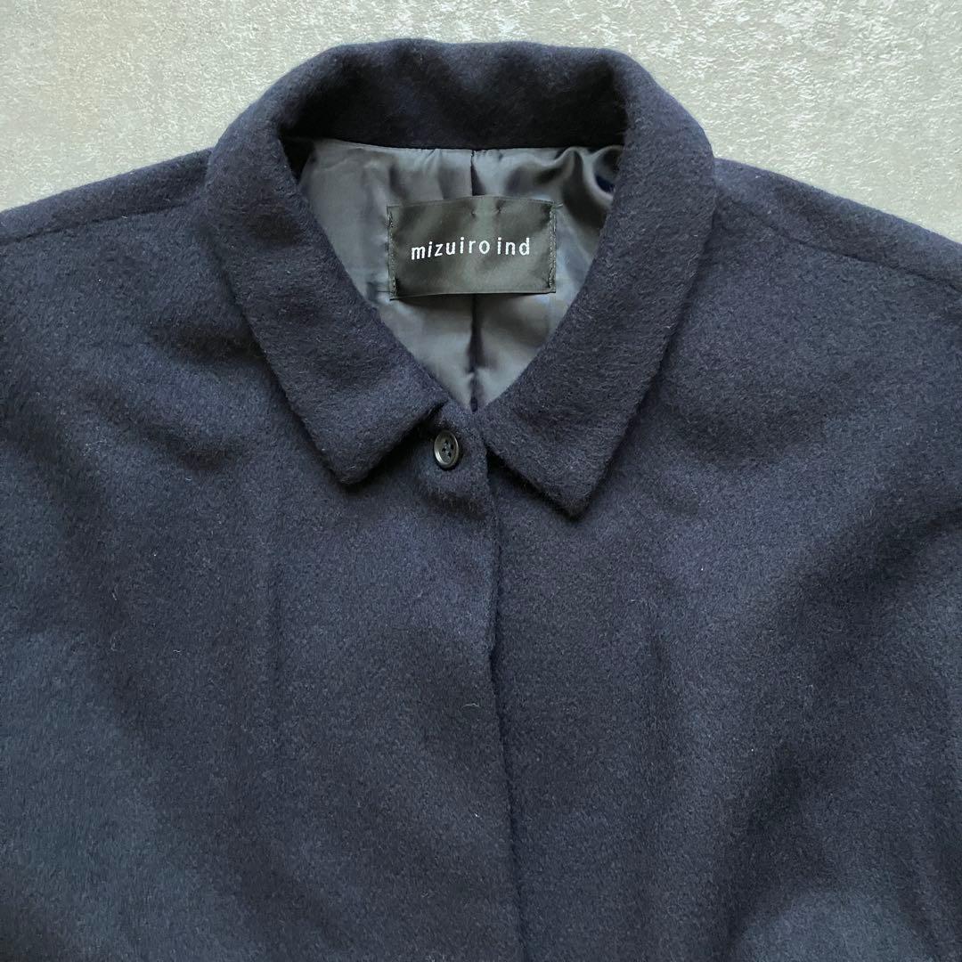 ミズイロインド ステンカラーコート Aライン フレア ロングコート ネイビー