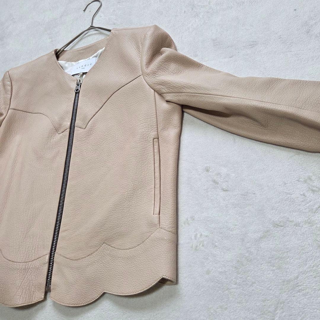 【美品】SANDRO PARIS 羊革 ノーカラー レザージャケット グレージュ