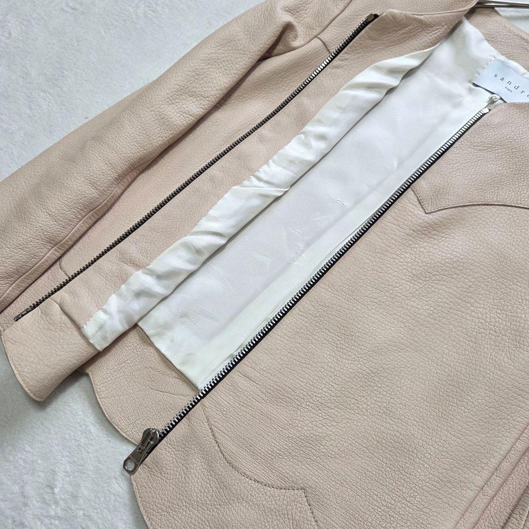 【美品】SANDRO PARIS 羊革 ノーカラー レザージャケット グレージュ