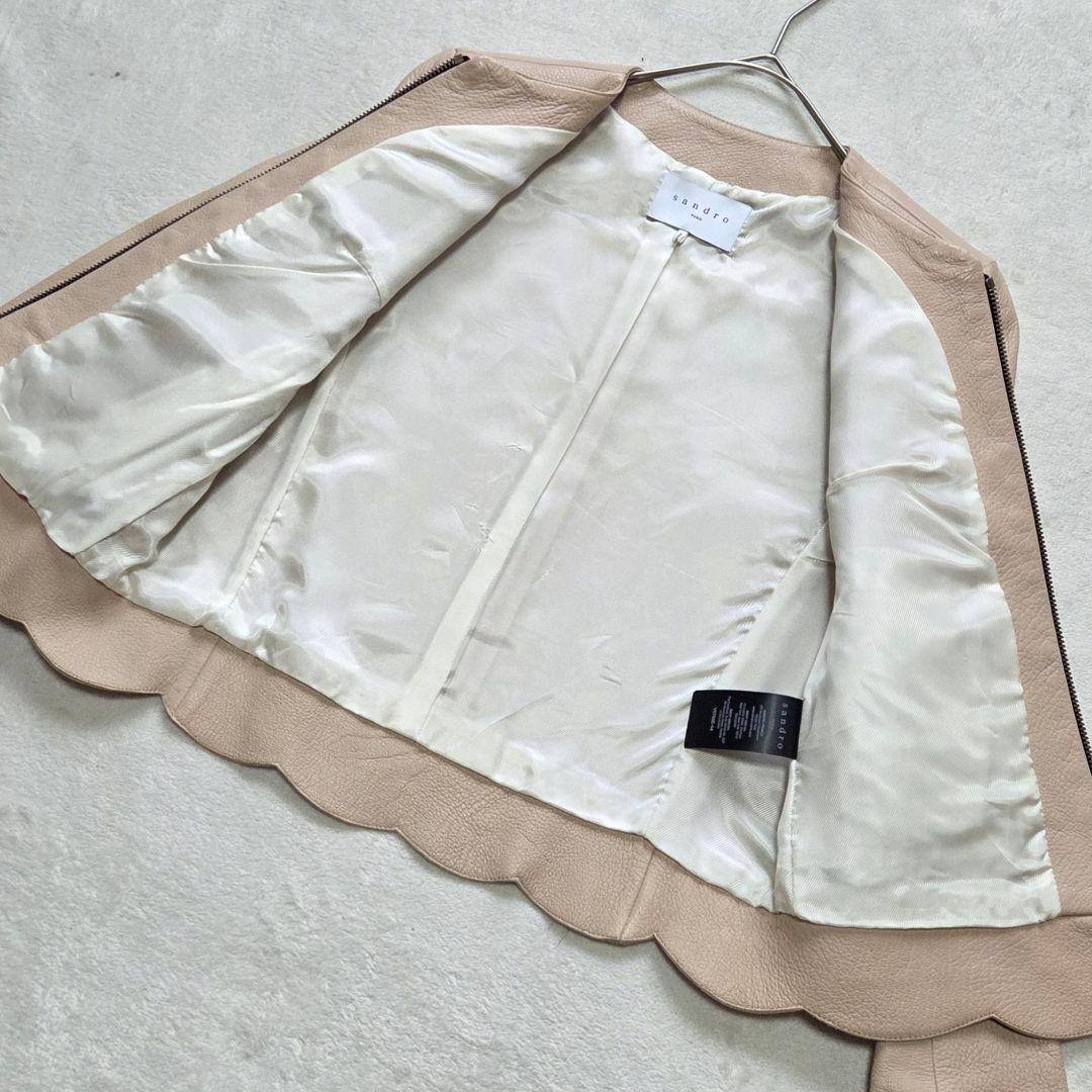 【美品】SANDRO PARIS 羊革 ノーカラー レザージャケット グレージュ