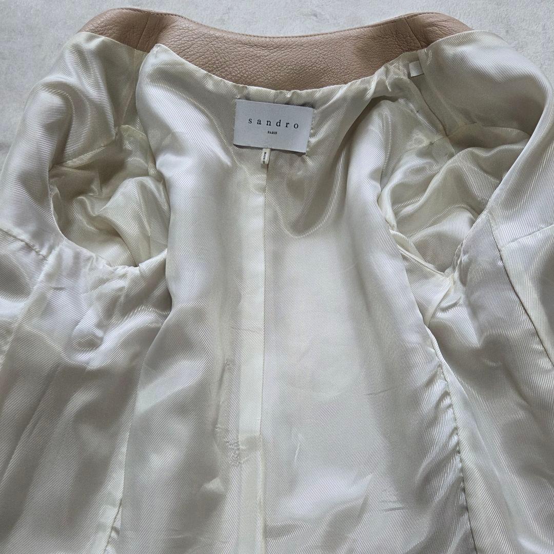 【美品】SANDRO PARIS 羊革 ノーカラー レザージャケット グレージュ