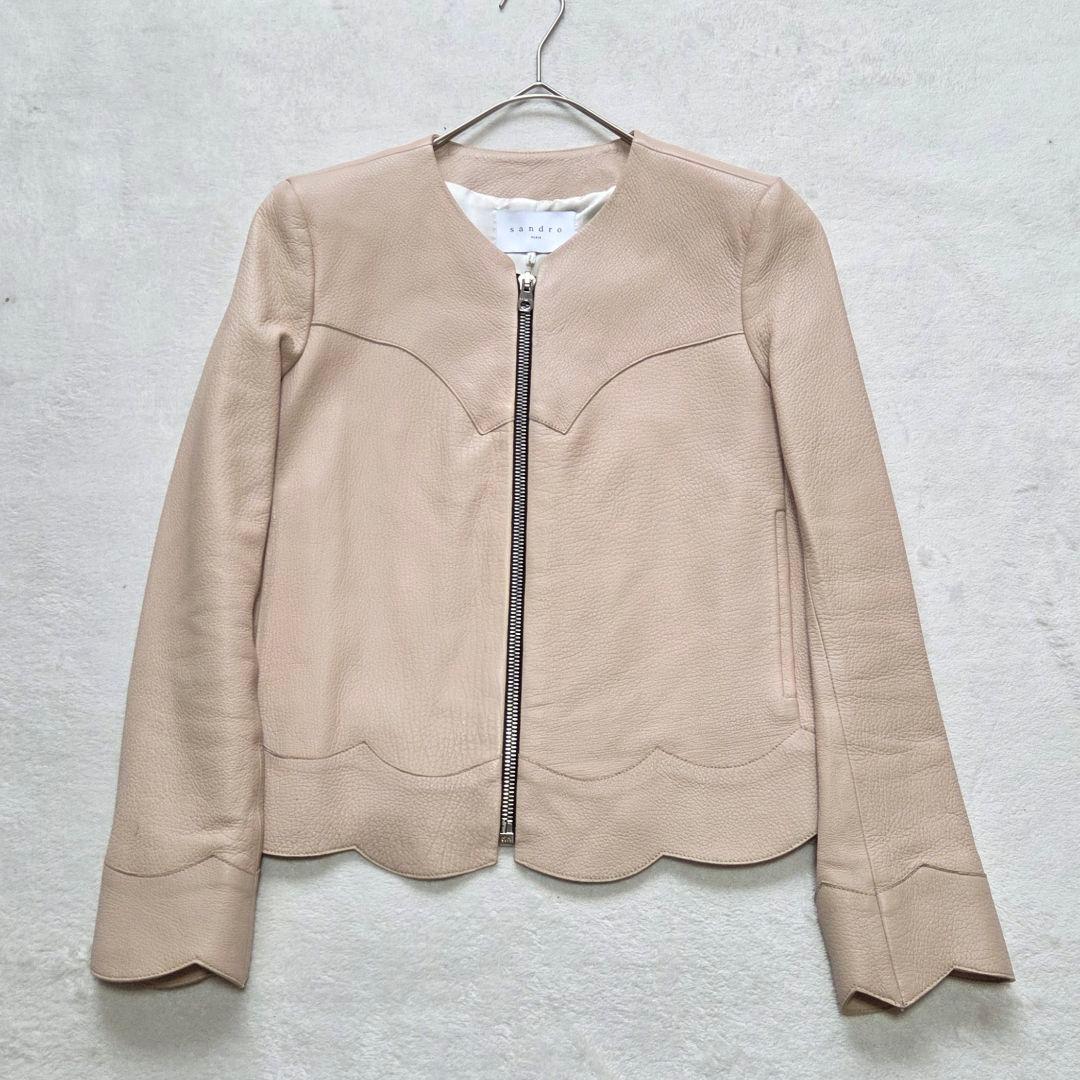 【美品】SANDRO PARIS 羊革 ノーカラー レザージャケット グレージュ