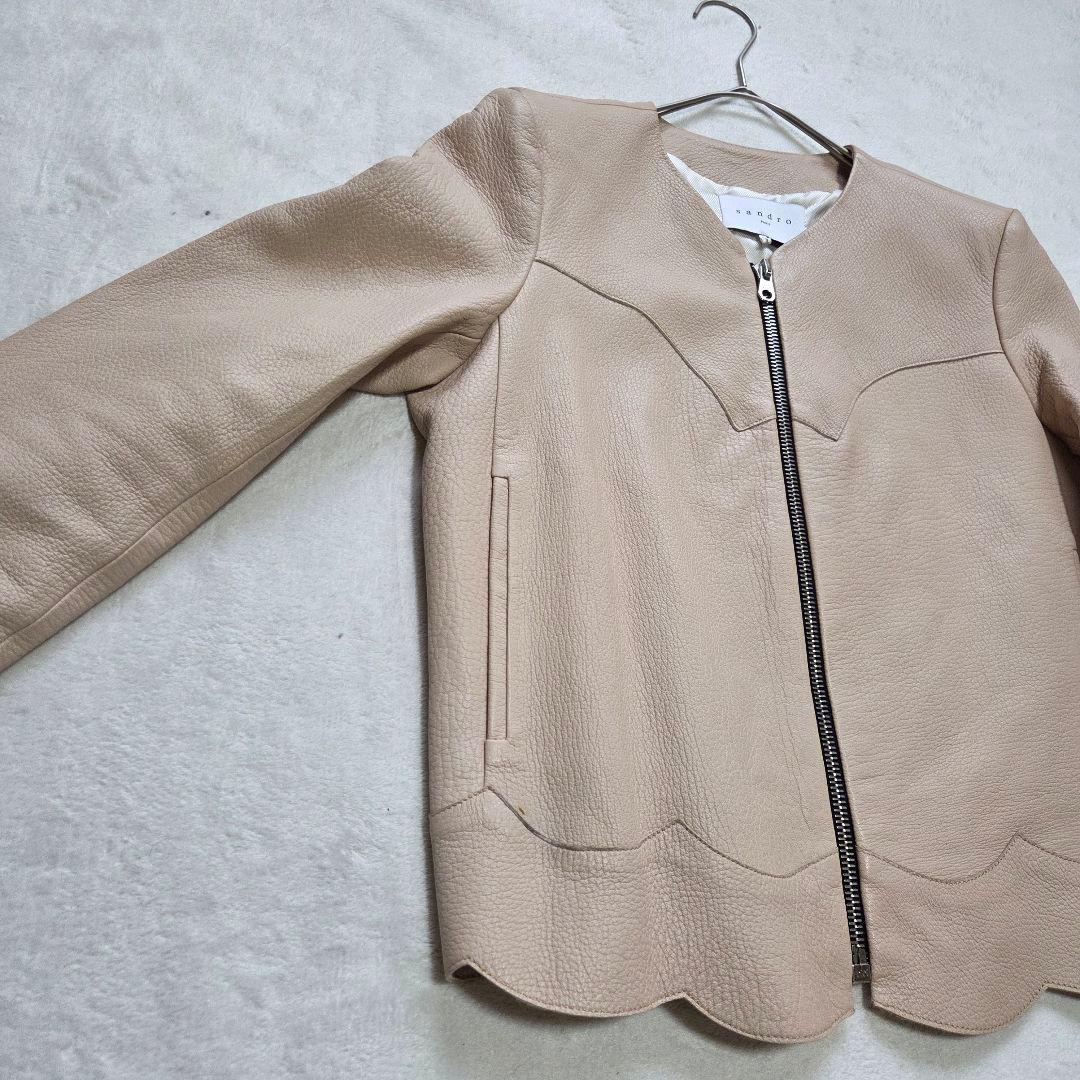 【美品】SANDRO PARIS 羊革 ノーカラー レザージャケット グレージュ