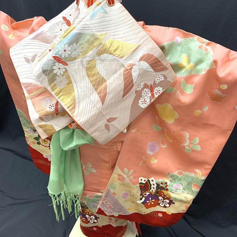 511ag41□七五三 七歳 女児 着物&袋帯 金彩 蝶 花□状態良好