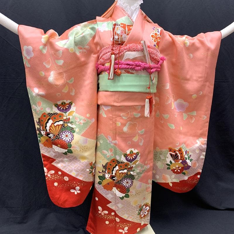 511ag41□七五三 七歳 女児 着物&袋帯 金彩 蝶 花□状態良好