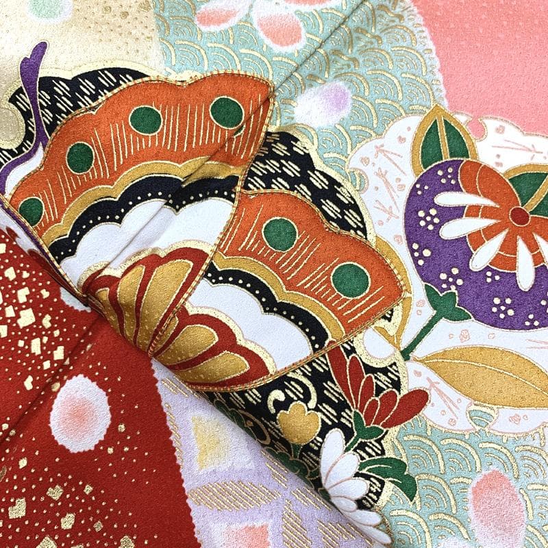 511ag41□七五三 七歳 女児 着物&袋帯 金彩 蝶 花□状態良好