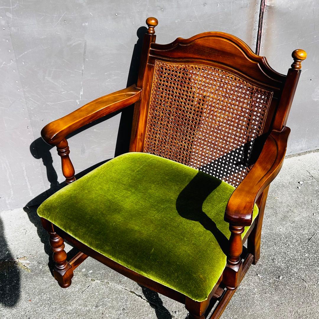 【美品】オールド カリモク / ラタンチェア / モケットグリーン ❷