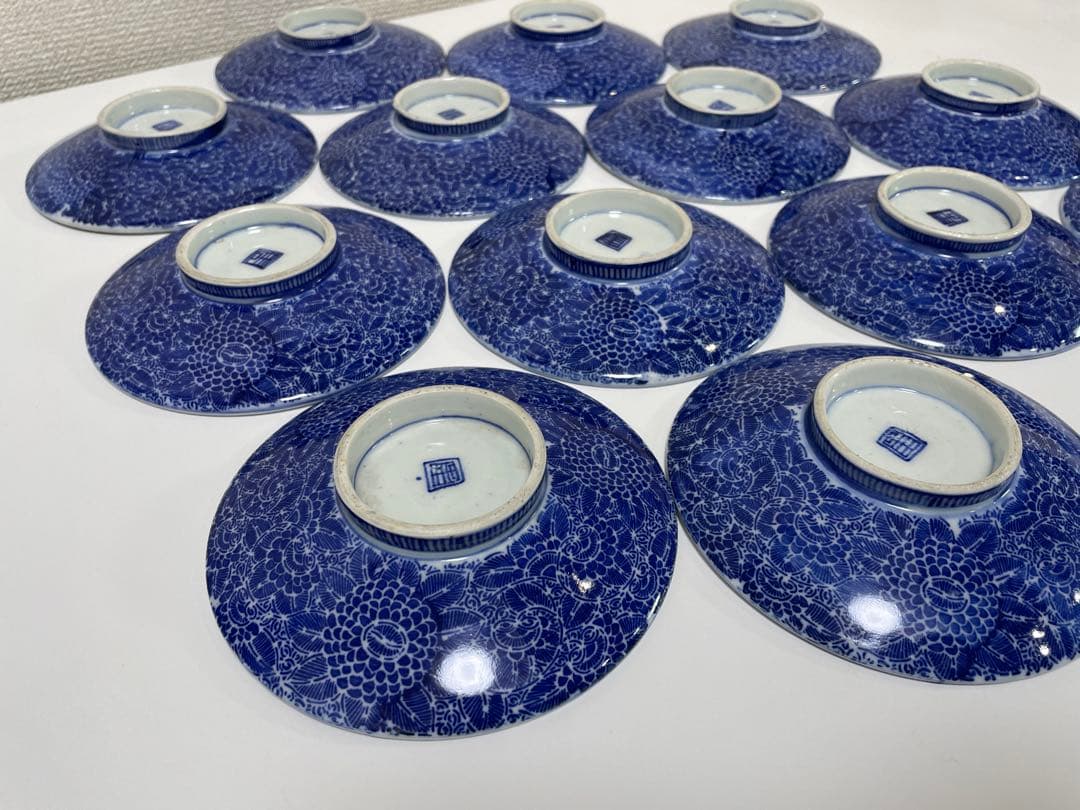 古伊万里 染付 花唐草模様 レトロ 明治 蓋付き茶碗 10客 蓋13客