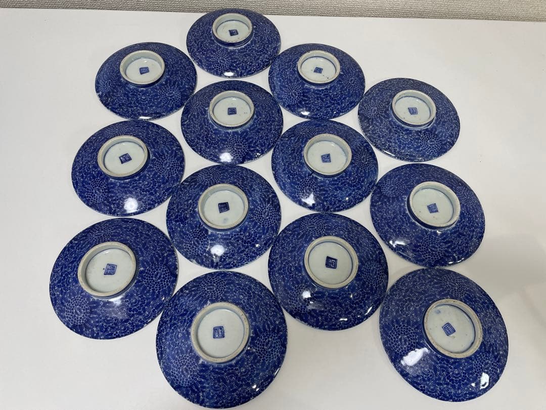 古伊万里 染付 花唐草模様 レトロ 明治 蓋付き茶碗 10客 蓋13客