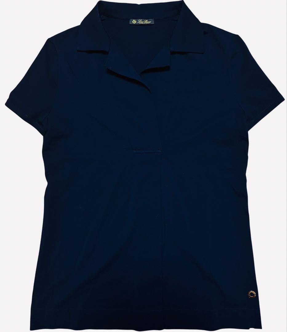 【美品、イタリア製】ロゴ装飾　LoroPiana半袖シャツ　ネイビー　紺　L相当