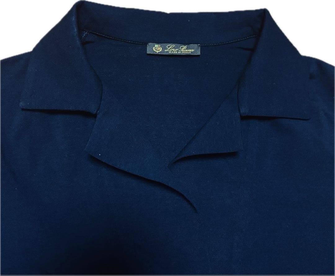 【美品、イタリア製】ロゴ装飾　LoroPiana半袖シャツ　ネイビー　紺　L相当