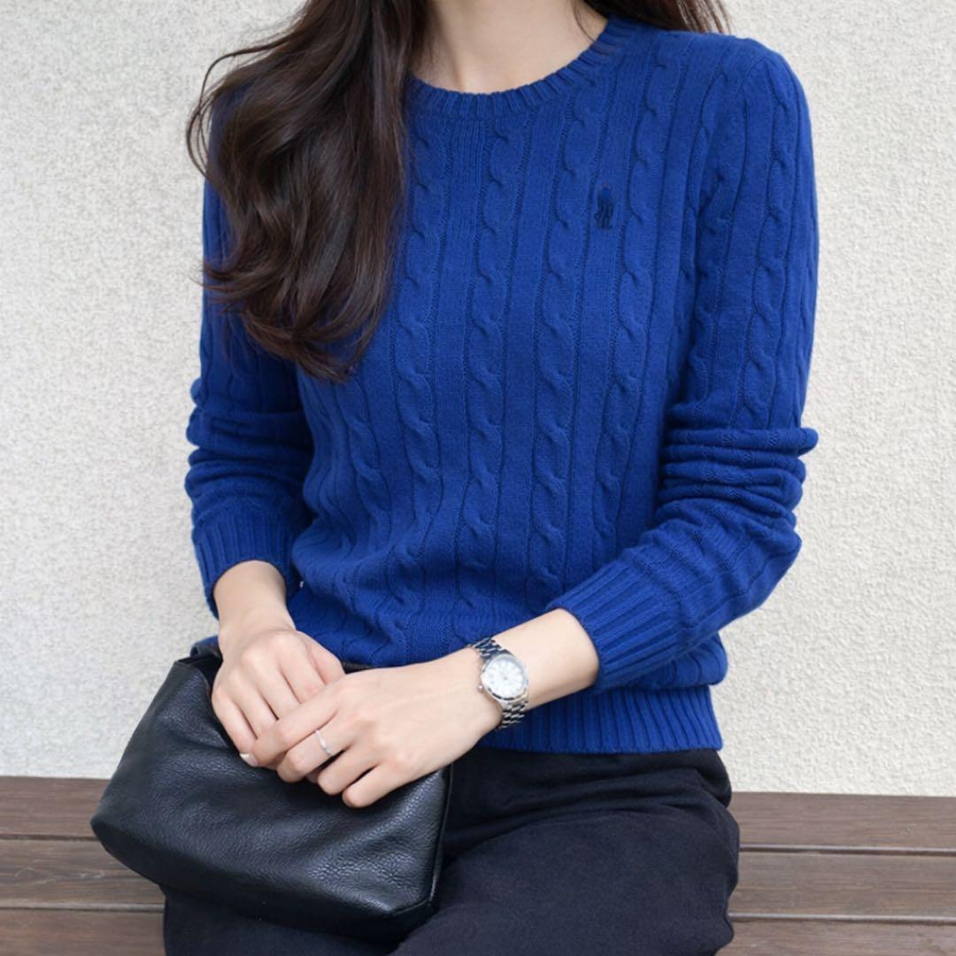 E53 ポロラルフローレン ケーブルセーター ブルー Lサイズ コットン