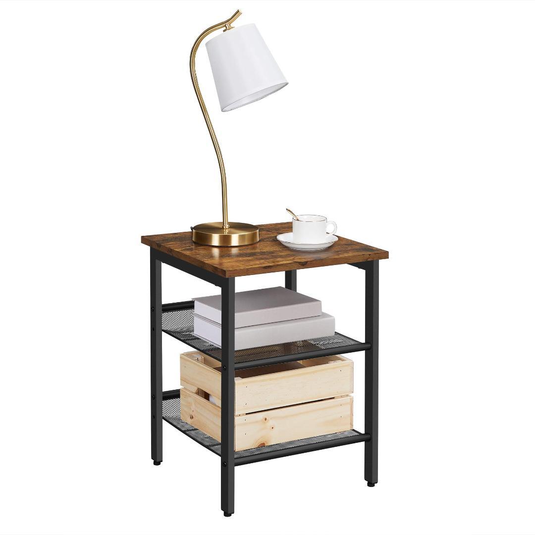 ヴィンテージ サイドテーブル 木目調とスチールフレームでエレガント