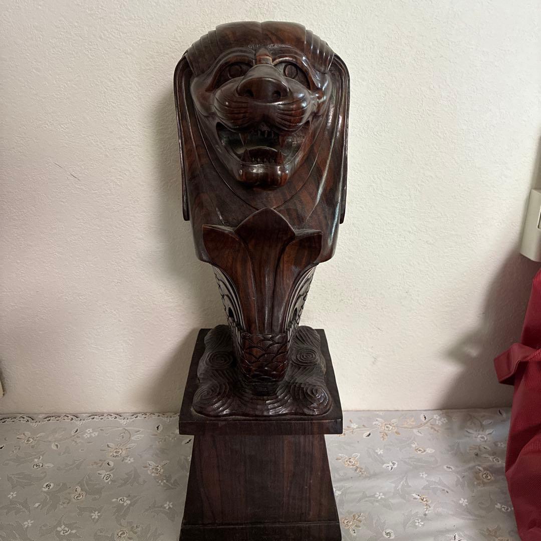 マーライオン彫刻 木製 アジアン家具 約30cm