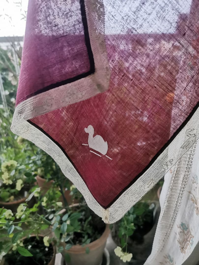 アンティーク 家鴨アップリケ刺繍 繊細な水鳥＆水草花アランソンレース クロス β