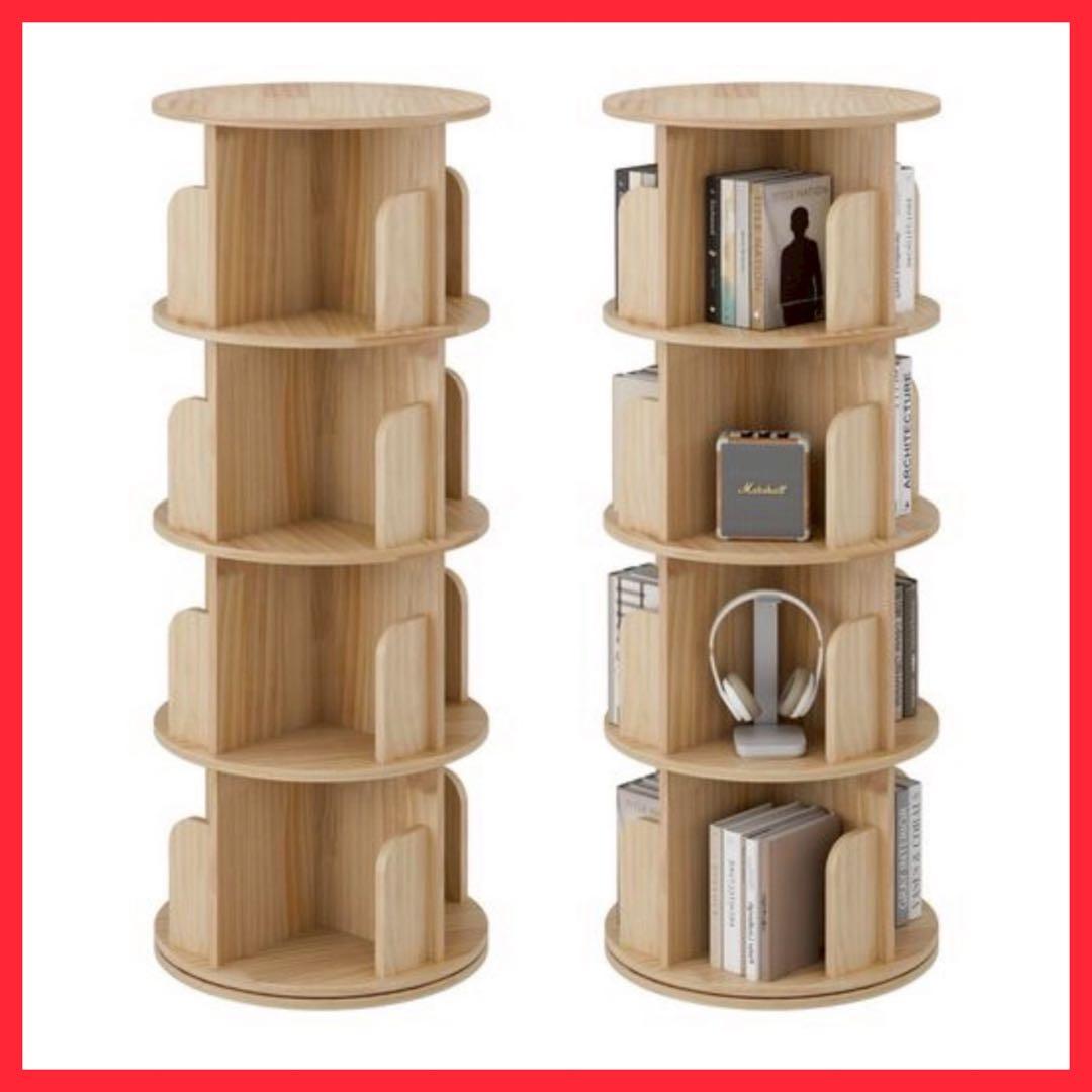 本棚⭐️回転式 4段 天然木 回る本棚 ラック 簡単組立 大容量 CD おしゃれ