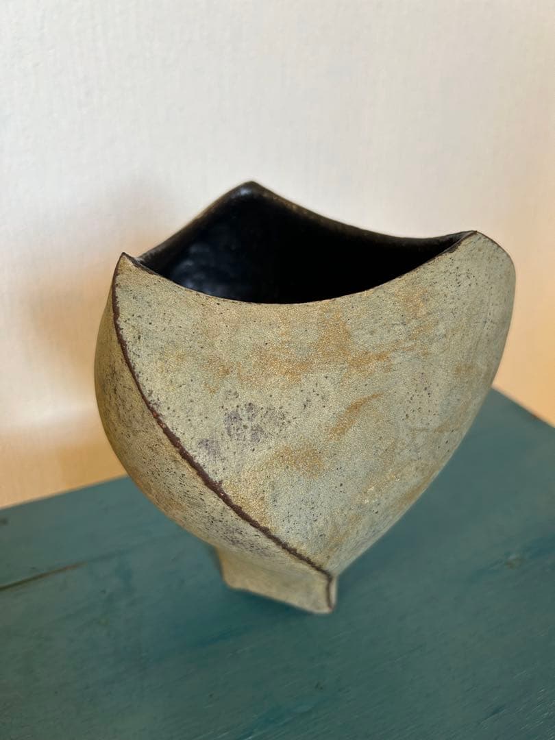 ★作家もの作品★高田かえ★花器フラワーベース大★青錆グリーンシャビーアートピース