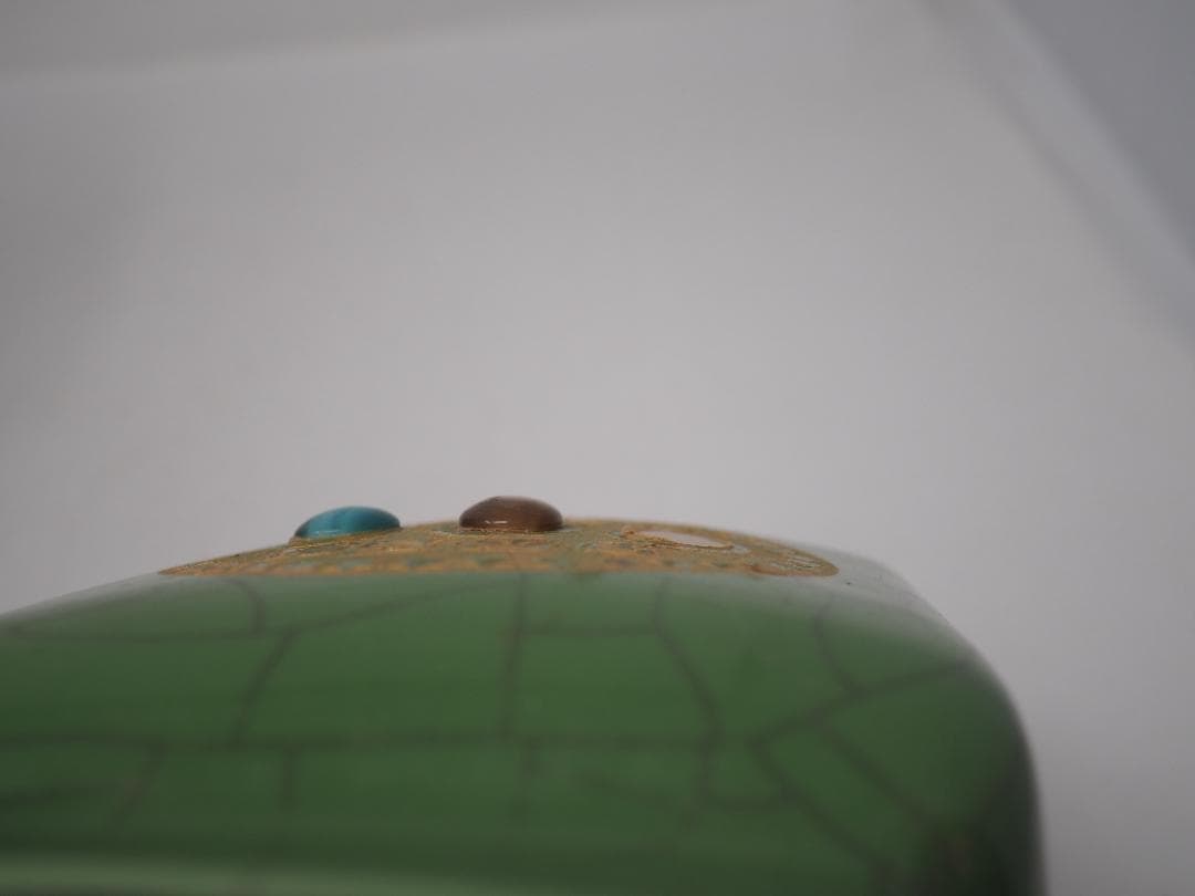 緑釉宝石嵌描金文字雙耳瓶　5セット　中国　宝石一つ欠け有　-SO