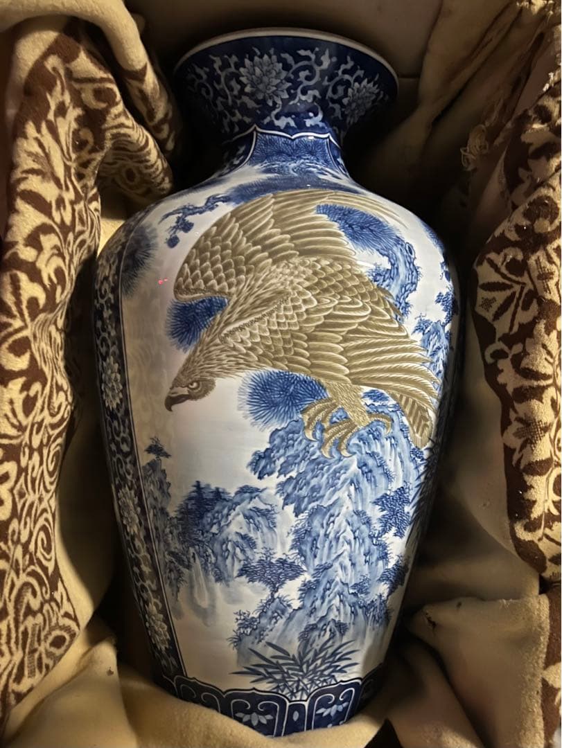 花瓶　染付三方絵　松右衛門