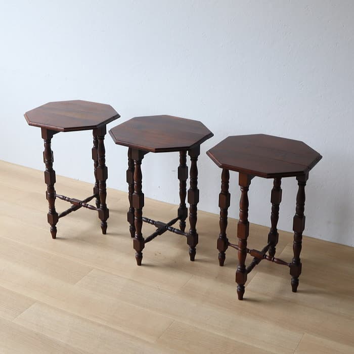 ネストテーブル 折りたたみ式八角テーブル付角茶テーブル 木製 無垢材