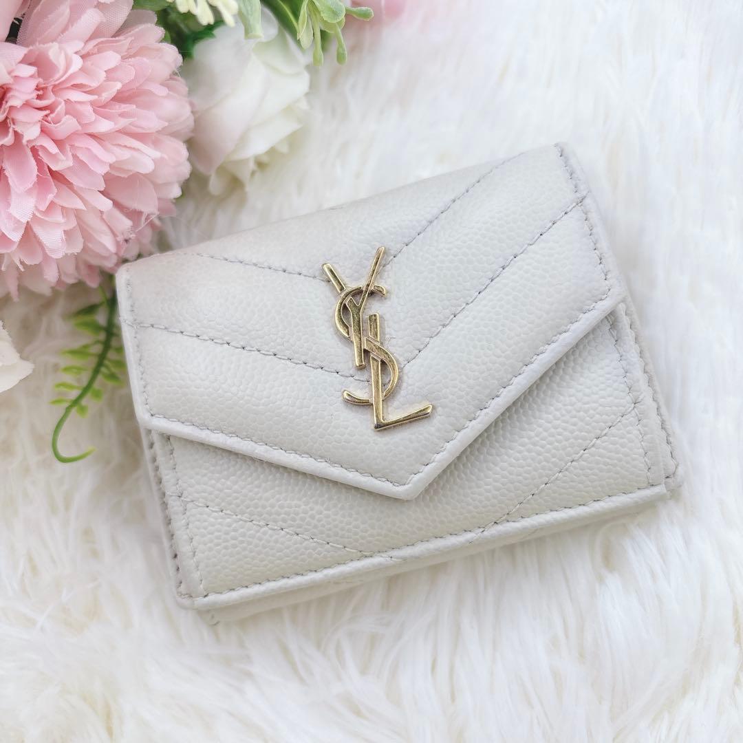 美品✨サンローラン 折り財布 キャビアスキン YSLロゴ レザー アイボリー