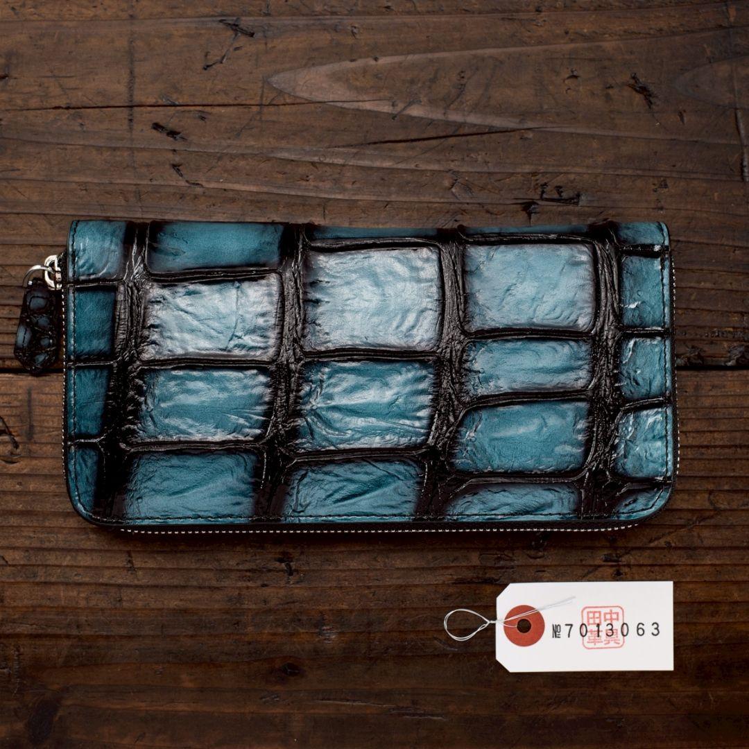 実物撮影 一枚革 クロコダイル ブルー メンズ 長財布 ラウンドファスナー 青