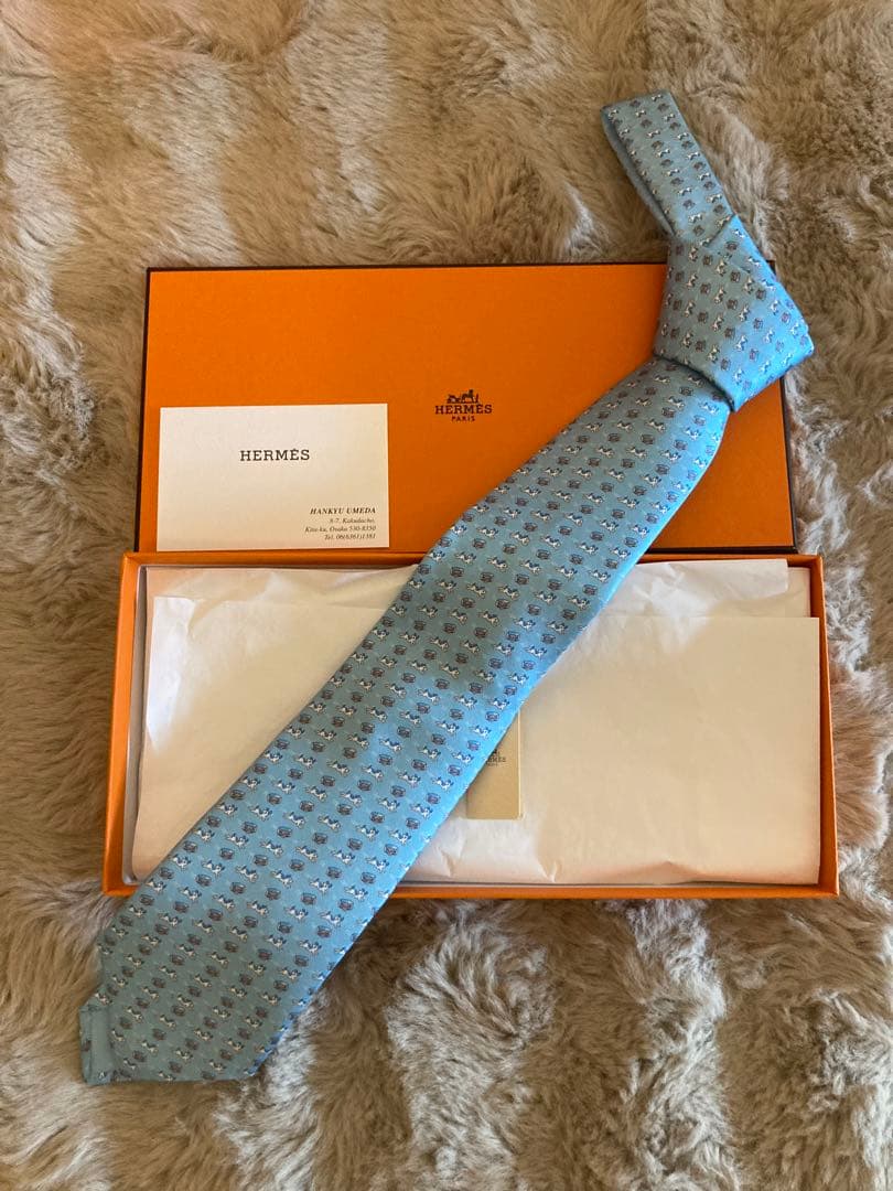 HERMES 水色 ドット柄 ネクタイ
