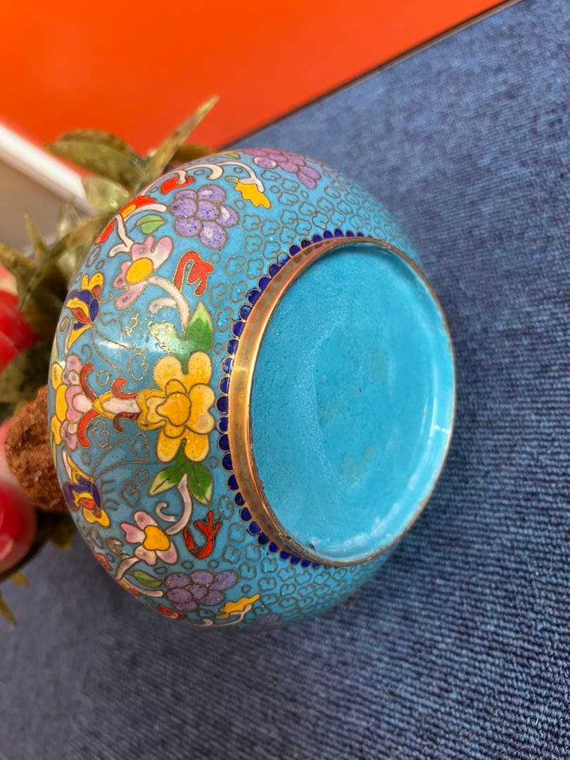 1184 中国美術　桃樹玉石　桃木玉石盆栽　景泰藍　石細工彫刻　置物