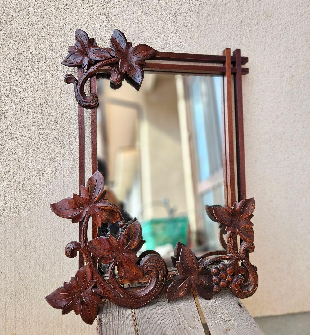 ジャパンヴィンテージ 木彫りの鏡 ウォールミラー 壁掛け 鏡 木製フレーム