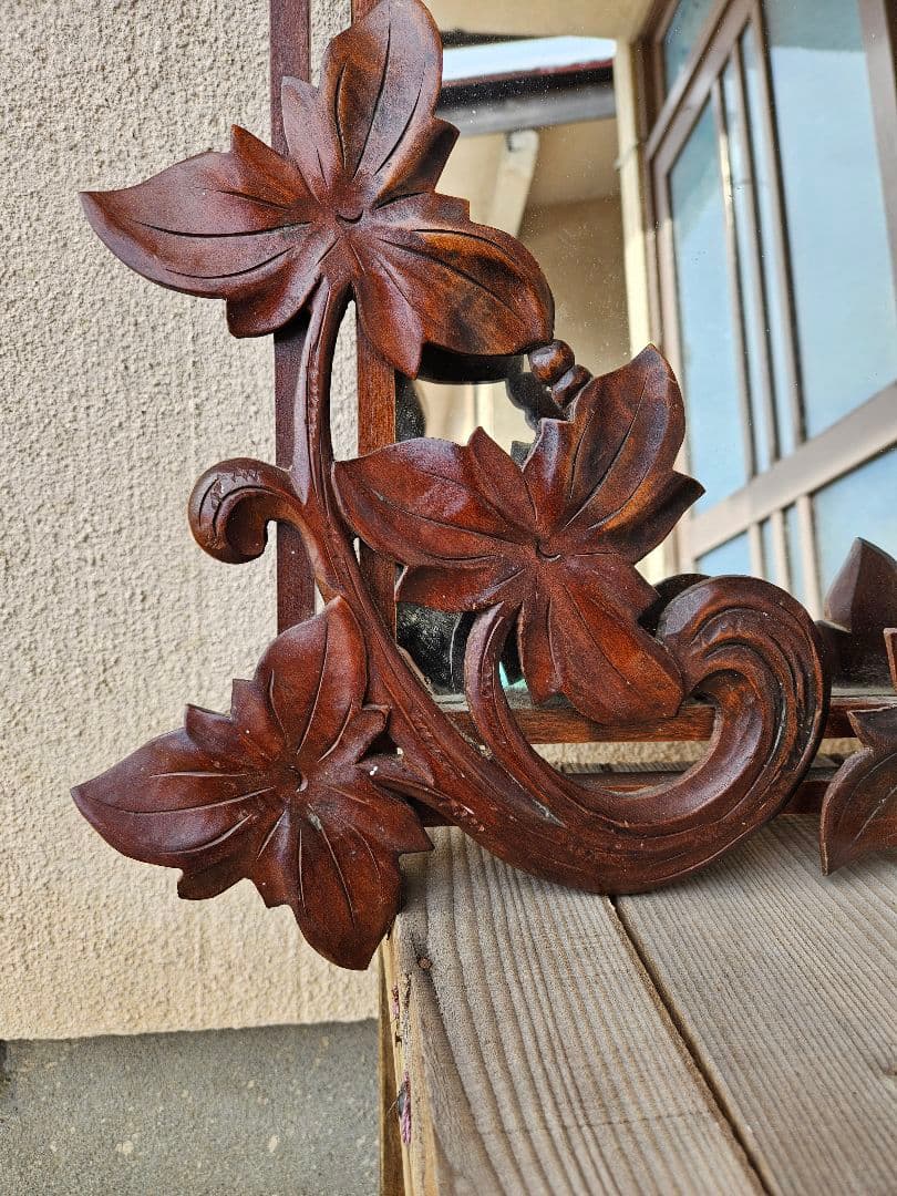 ジャパンヴィンテージ 木彫りの鏡 ウォールミラー 壁掛け 鏡 木製フレーム