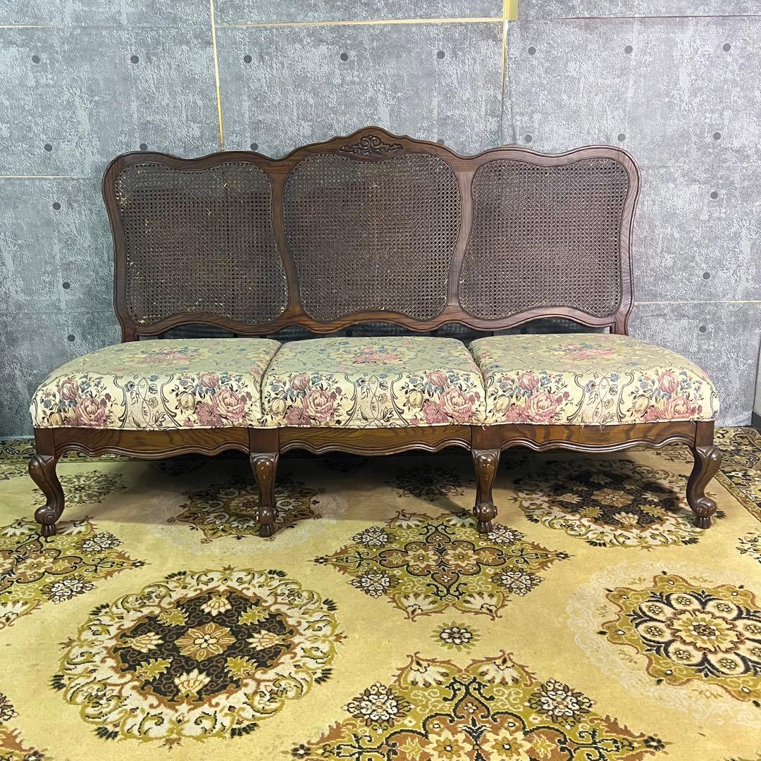 ꧁籐家具꧂3人掛けケーニングソファ ケインバック ラタン 籐編み フラワー 花柄