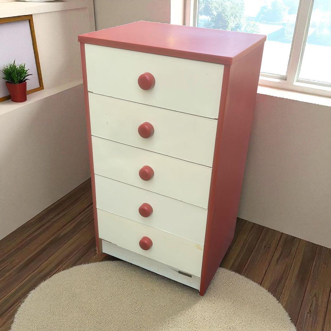 チェスト　昭和レトロ ホワイト×レッド タンス 5段 引き出し収納 整理タンス