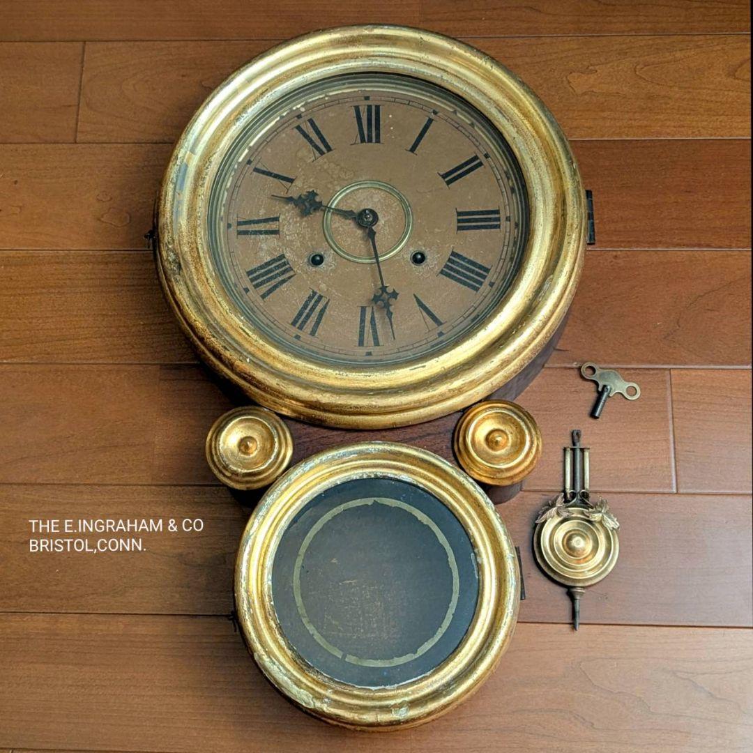 古時計　アンティーク掛時計　イングラハム掛時計　四つ丸　ゼンマイ時計