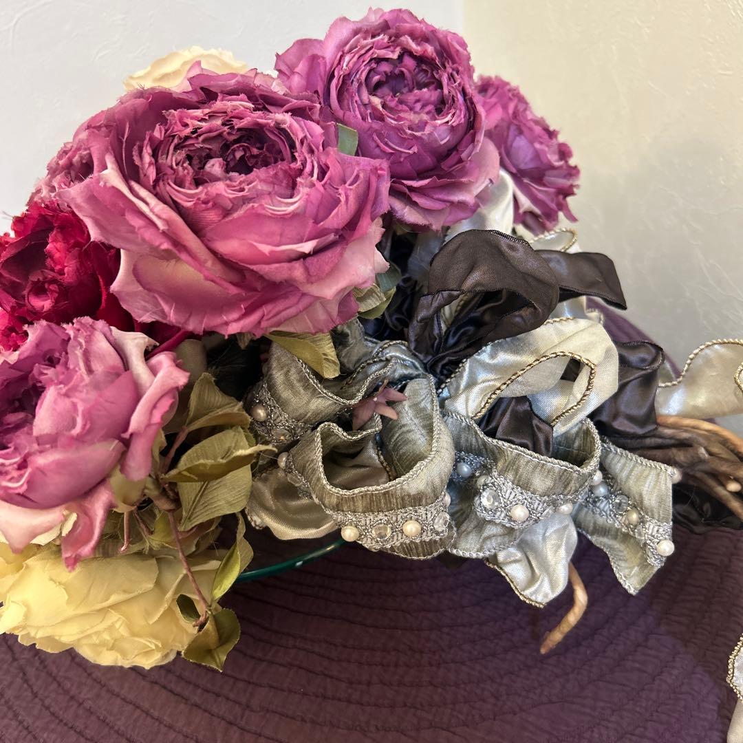 染め花　大輪のバラの花束　アートフラワー　ハンドメイド　リボン付き