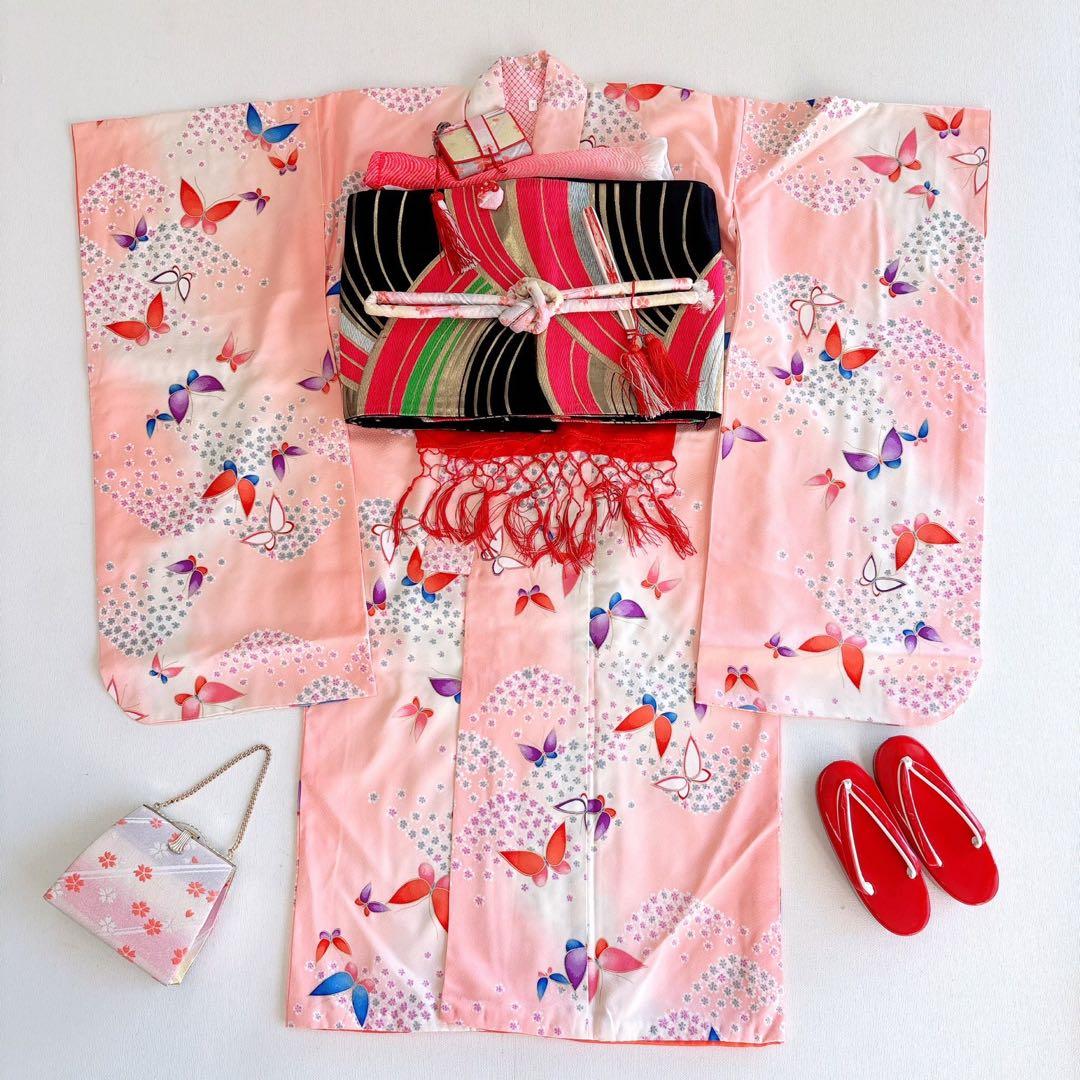 セット　美品　七五三　7歳女の子　きもの×袋帯×半襦袢×小物　ピンク地　蝶　桜