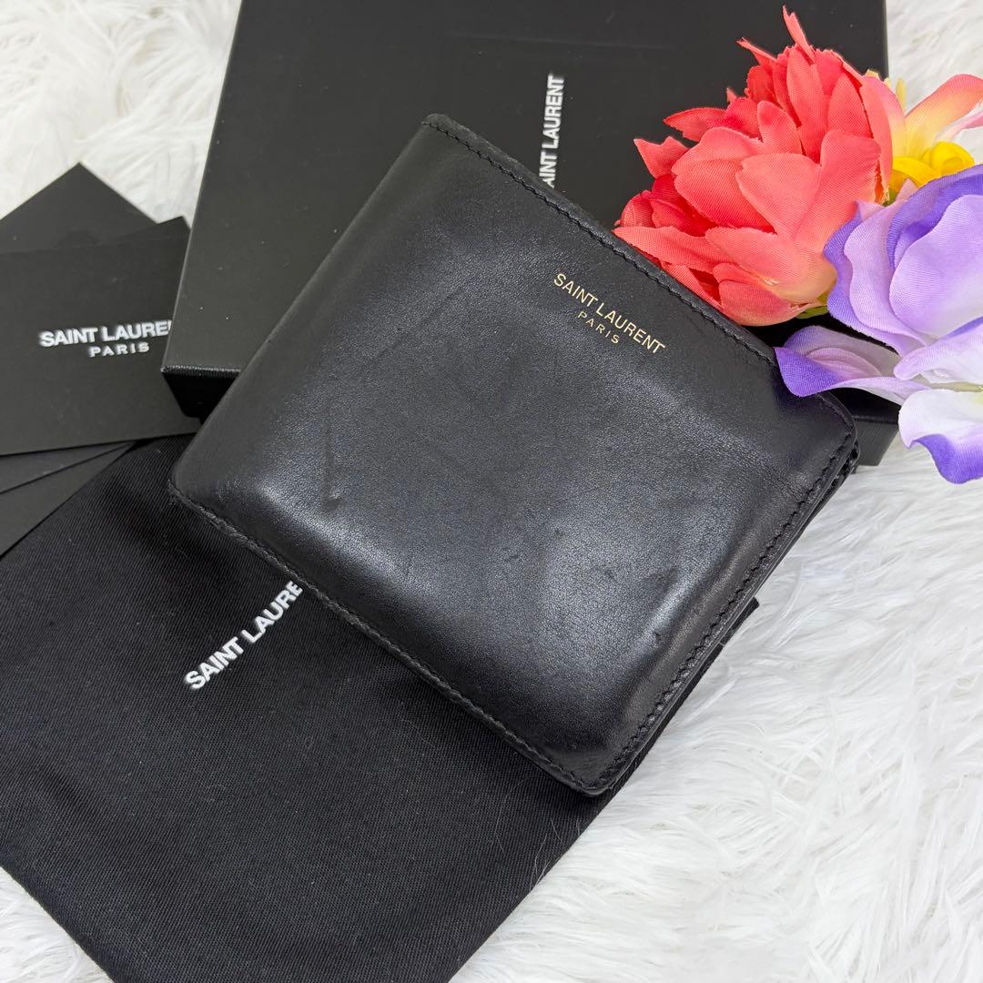 付属品完品✨サンローラン　二つ折り　小銭入れ　金ロゴ　レザー　ブラック