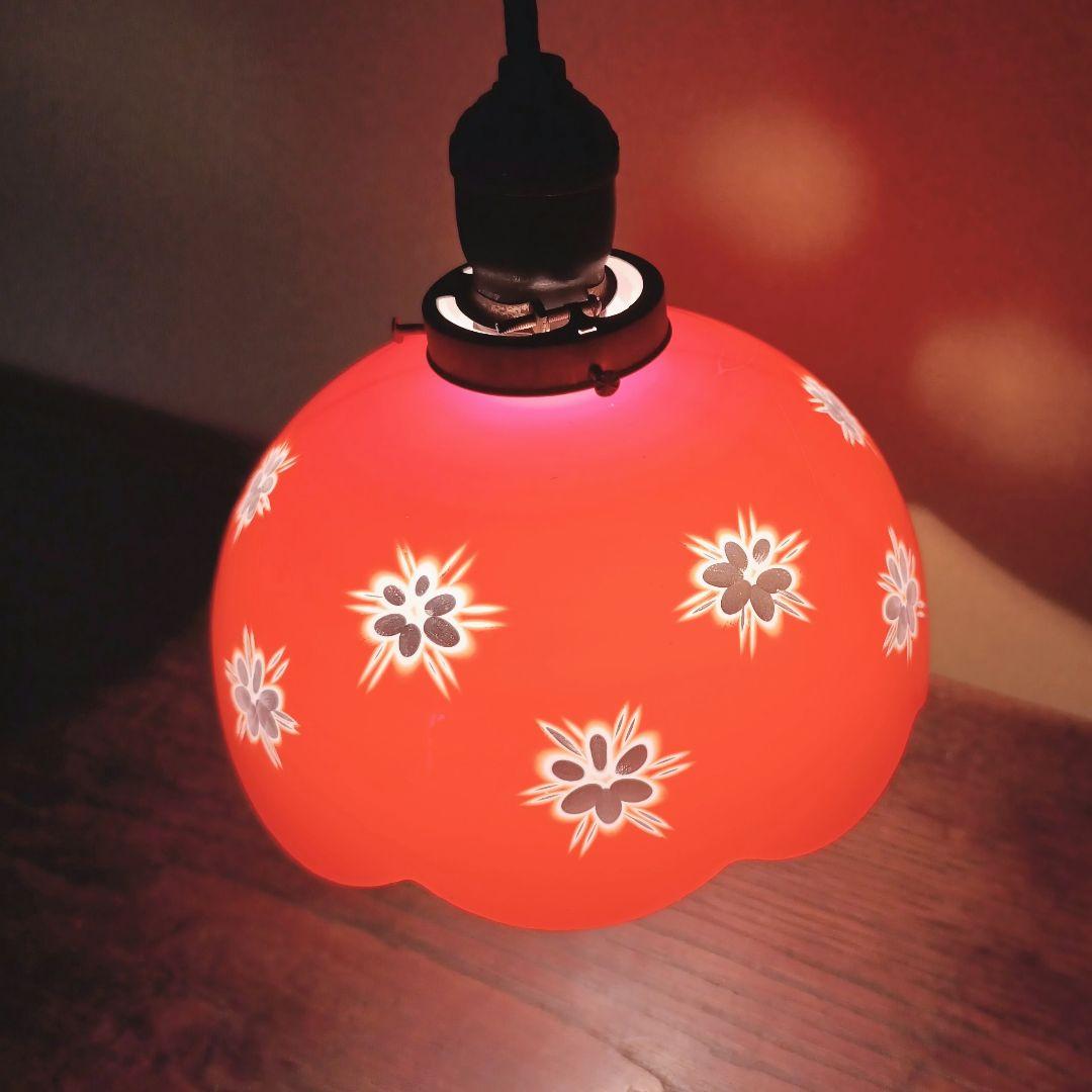 【赤】 切子 電笠 ガラス 花模様 被せ 照明 大正 ライト 乳白 シェード