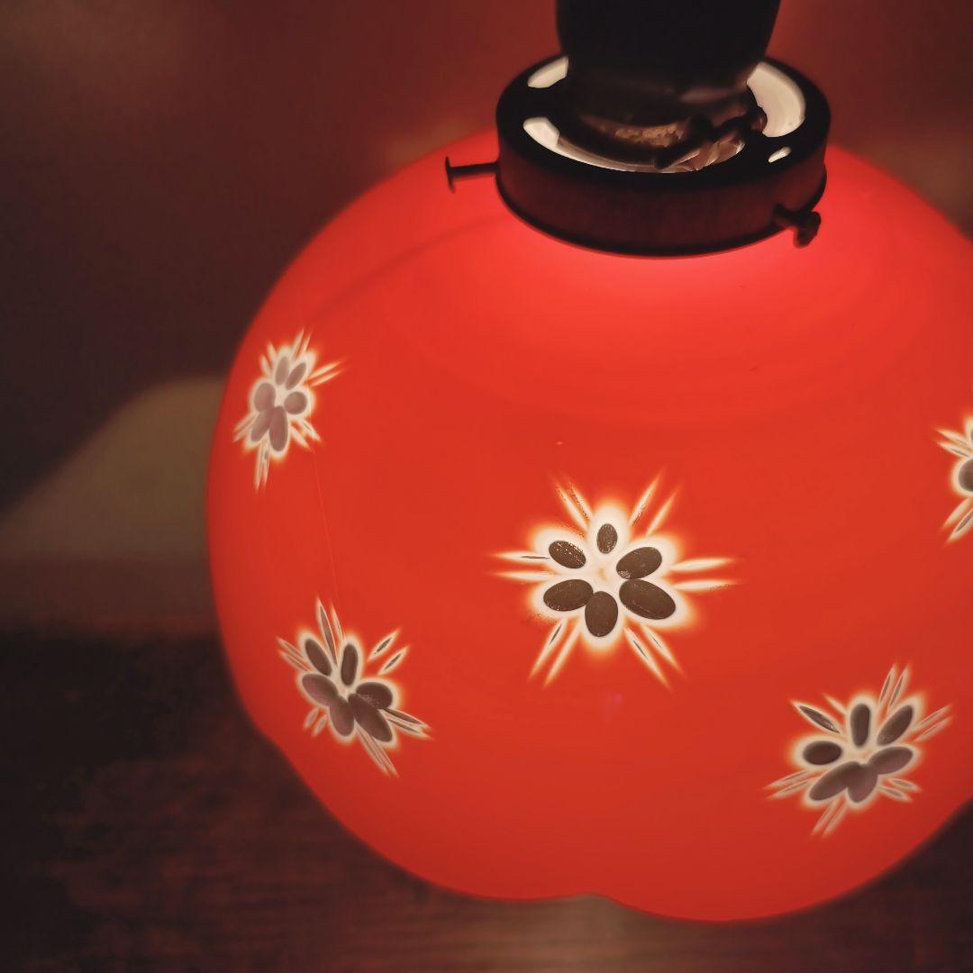 【赤】 切子 電笠 ガラス 花模様 被せ 照明 大正 ライト 乳白 シェード