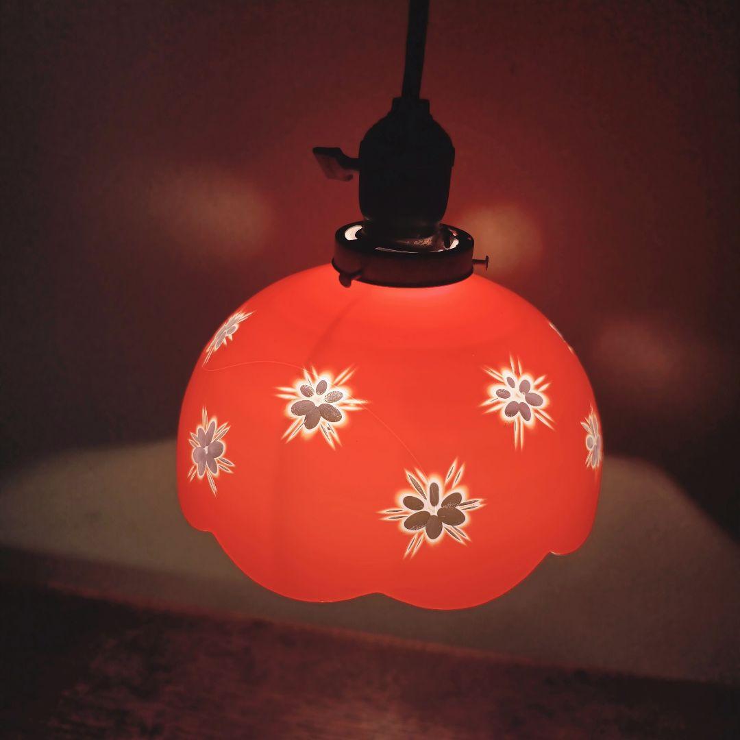 【赤】 切子 電笠 ガラス 花模様 被せ 照明 大正 ライト 乳白 シェード