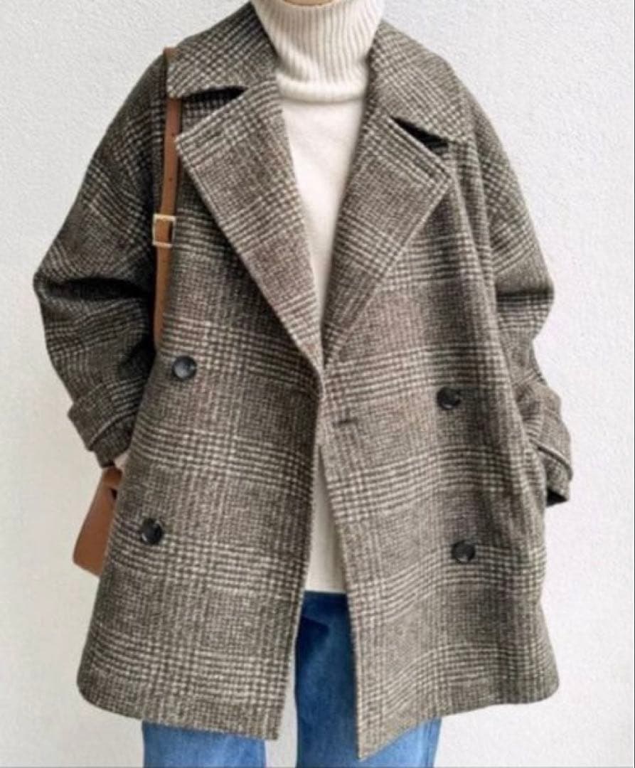 【値下げ中】スピックアンドスパン　Wスライバーチェックハーフコート ブラウン36