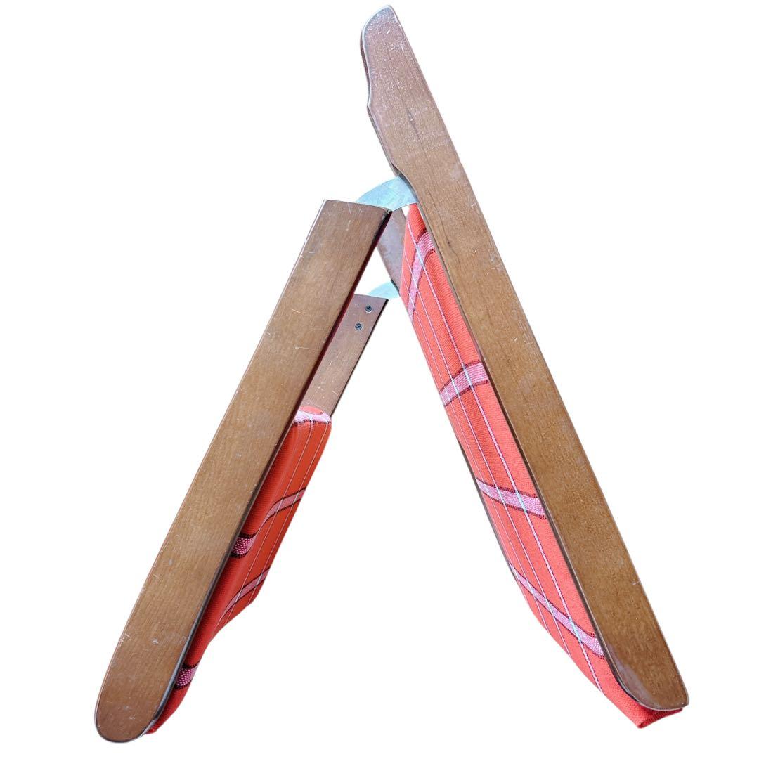 ②昭和レトロ 木製座椅子 2脚セット ヴィンテージ 和室 旅館 赤 チェック