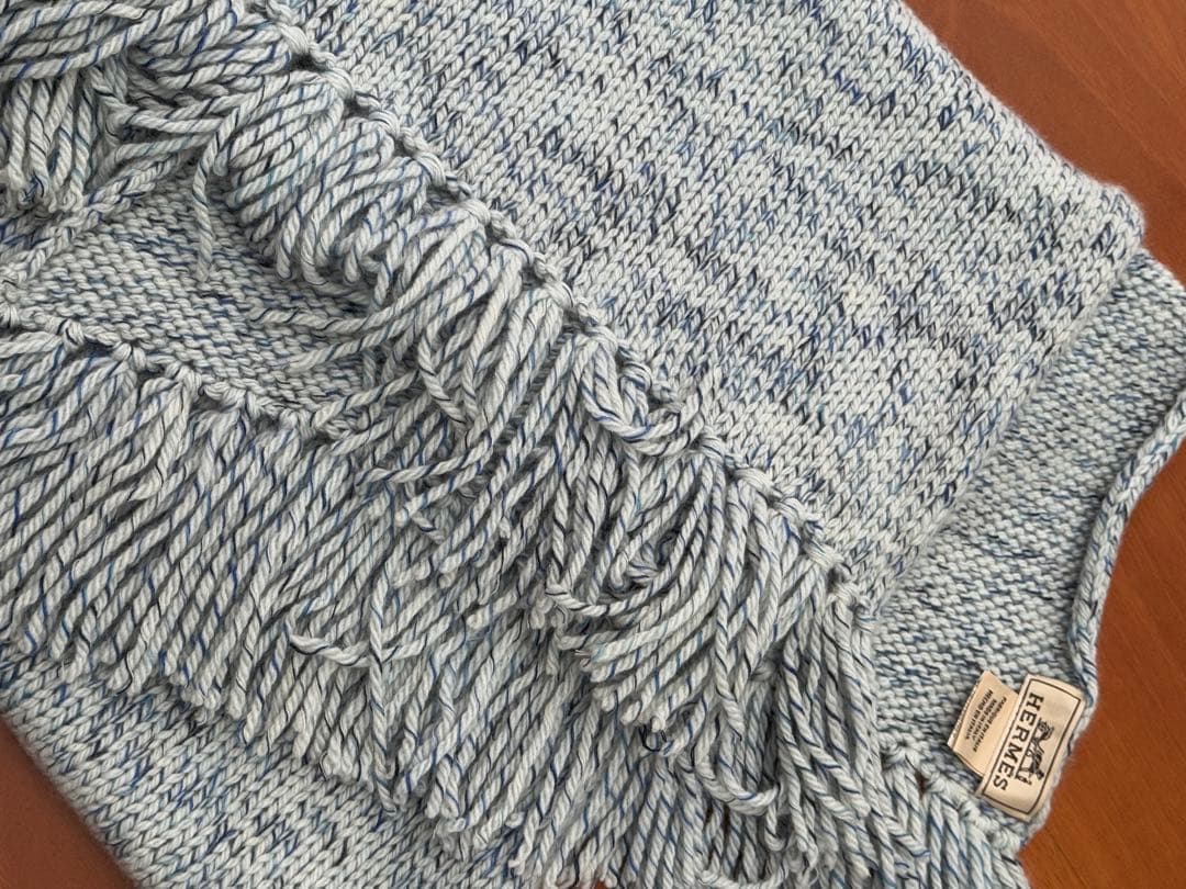 新品未使用/HERMES カシミヤ100% マフラー 水色系 フリンジ付き