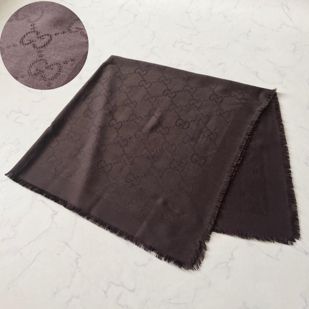 GUCCI グッチ GG柄 大判ストール シルク100% ブラウン 茶